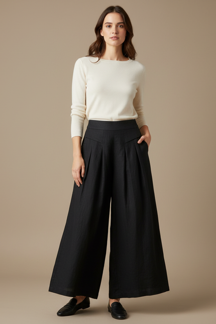 Pantalon Noir Femme Lin