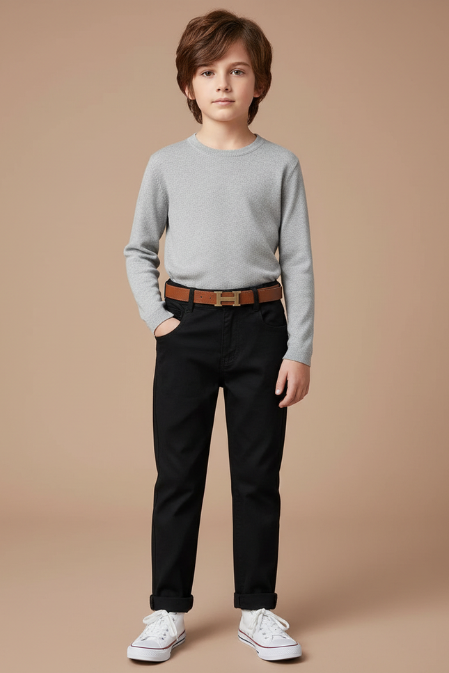 Pantalon Noir Enfant Slim Décontracté Coton Ceinturé