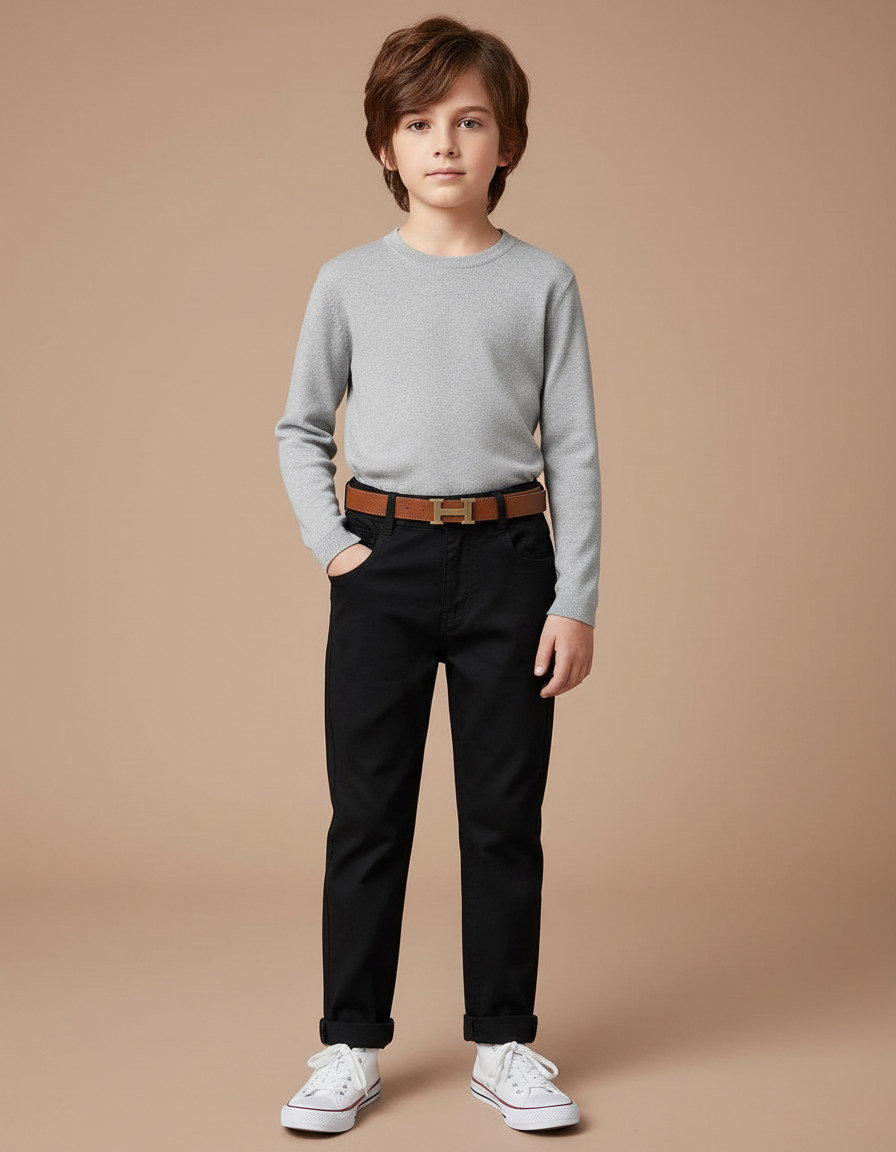 Pantalon Noir Enfant Slim Décontracté Coton Ceinturé