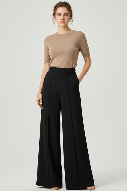 Pantalon Noir Large Fluide Taille Haute Femme - Viscose