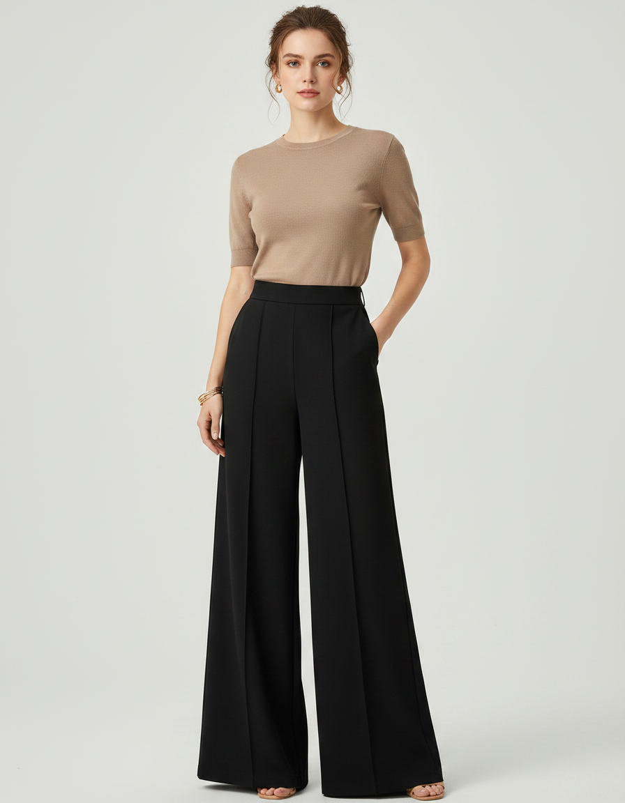Pantalon Noir Large Fluide Taille Haute Femme - Viscose