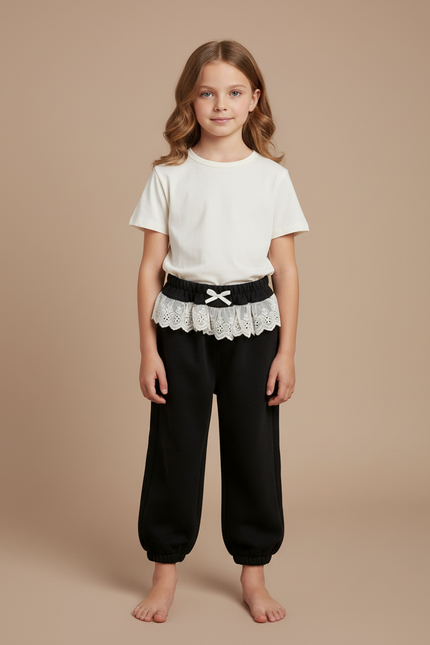 Pantalon Noir Ample Dentelle Crème Nœud Fille - Molleton