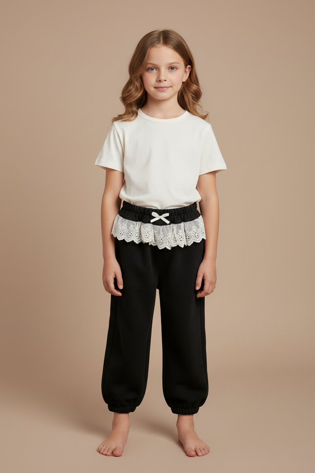 Pantalon Noir Ample Dentelle Crème Nœud Fille - Molleton
