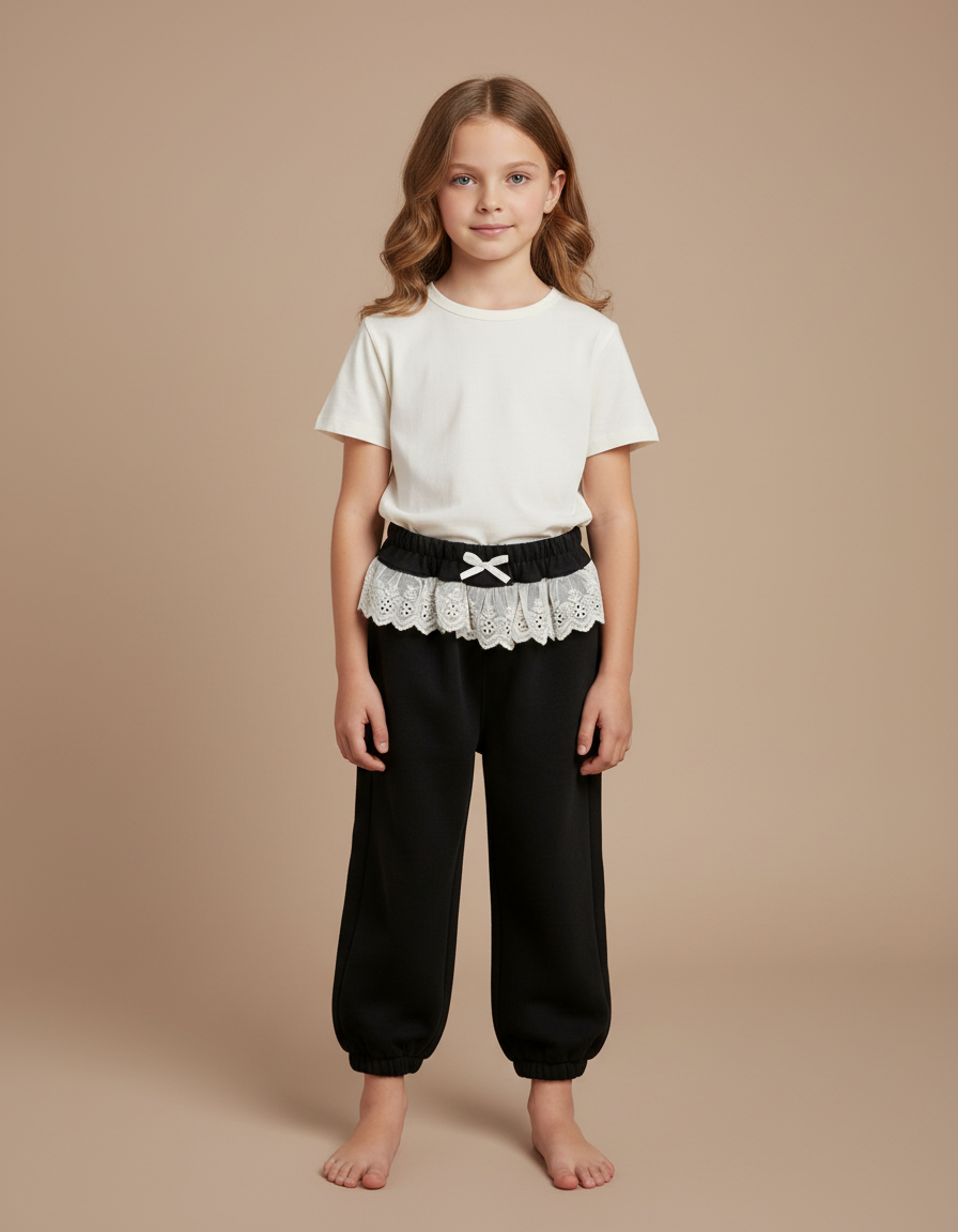Pantalon Noir Ample Dentelle Crème Nœud Fille - Molleton