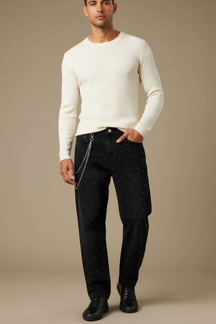 Pantalon Noir Décontracté Strass Coupe Droite Homme - Jean
