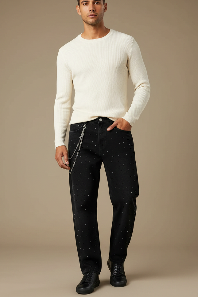 Pantalon Noir Décontracté Strass Coupe Droite Homme - Jean