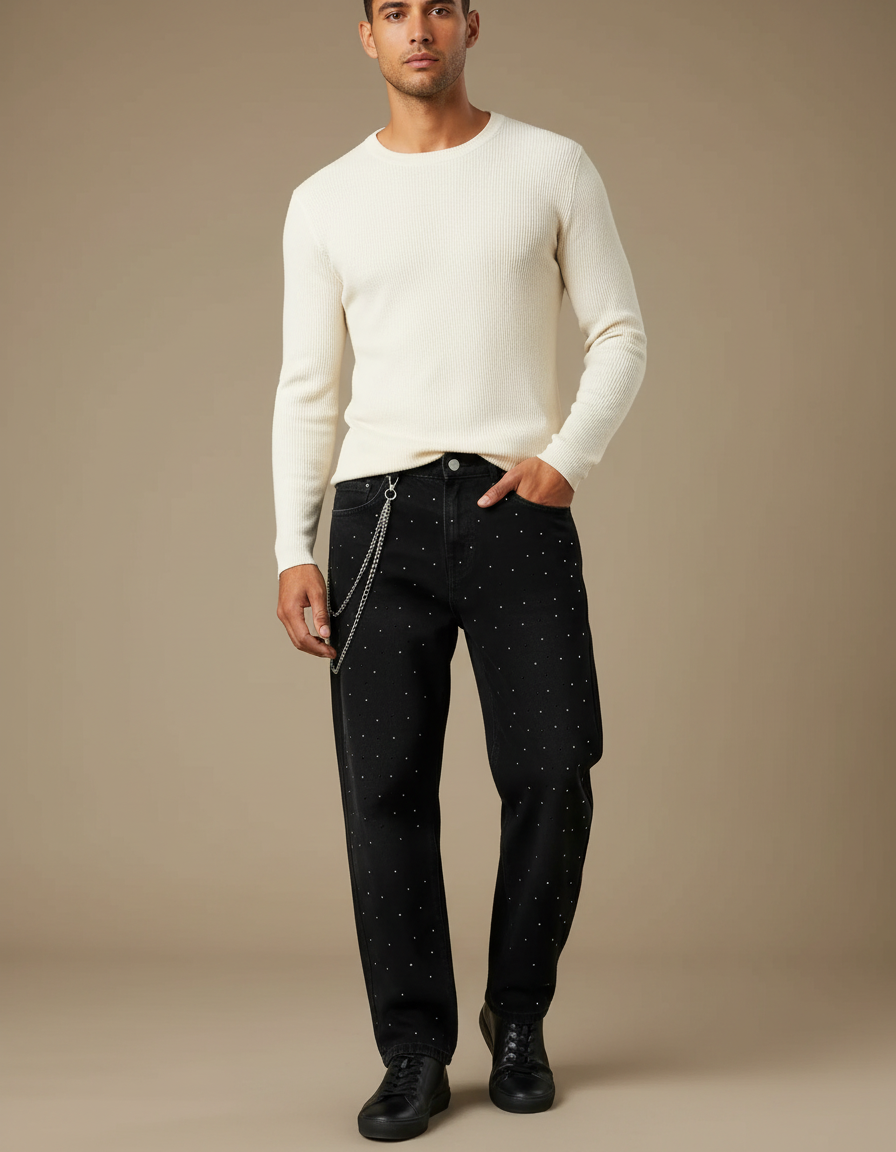 Pantalon Noir Décontracté Strass Coupe Droite Homme - Jean