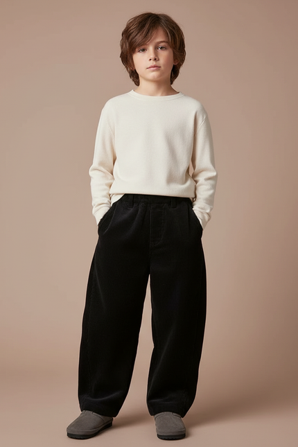 Pantalon Noir Côtelé Ample Garçon Adolescents Décontracté - Cordé