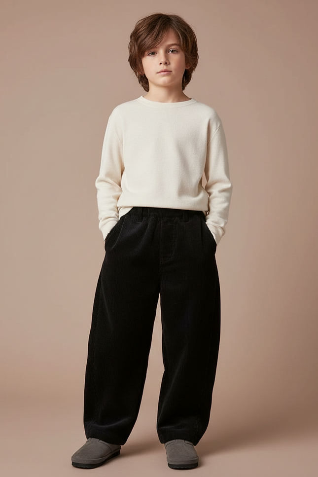 Pantalon Noir Côtelé Ample Garçon Adolescents Décontracté - Cordé