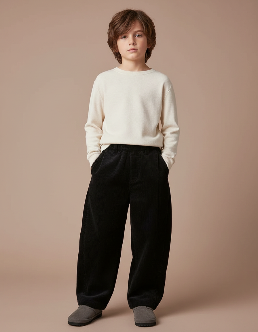 Pantalon Noir Côtelé Ample Garçon Adolescents Décontracté - Cordé