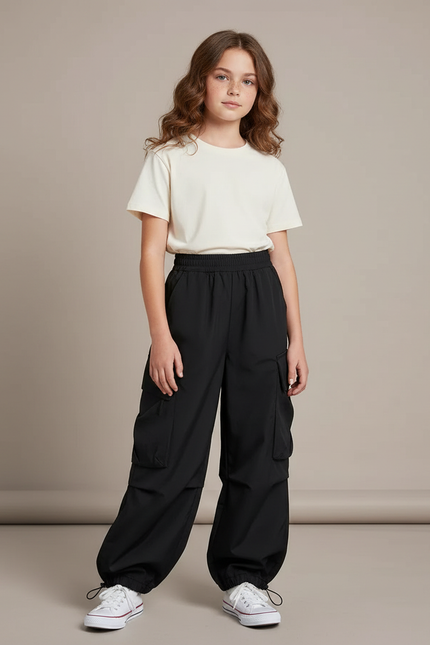 Pantalon Noir Cargo Ample Décontracté Enfant Fille - Polyester