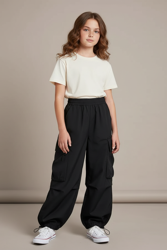 Pantalon Noir Cargo Ample Décontracté Enfant Fille - Polyester