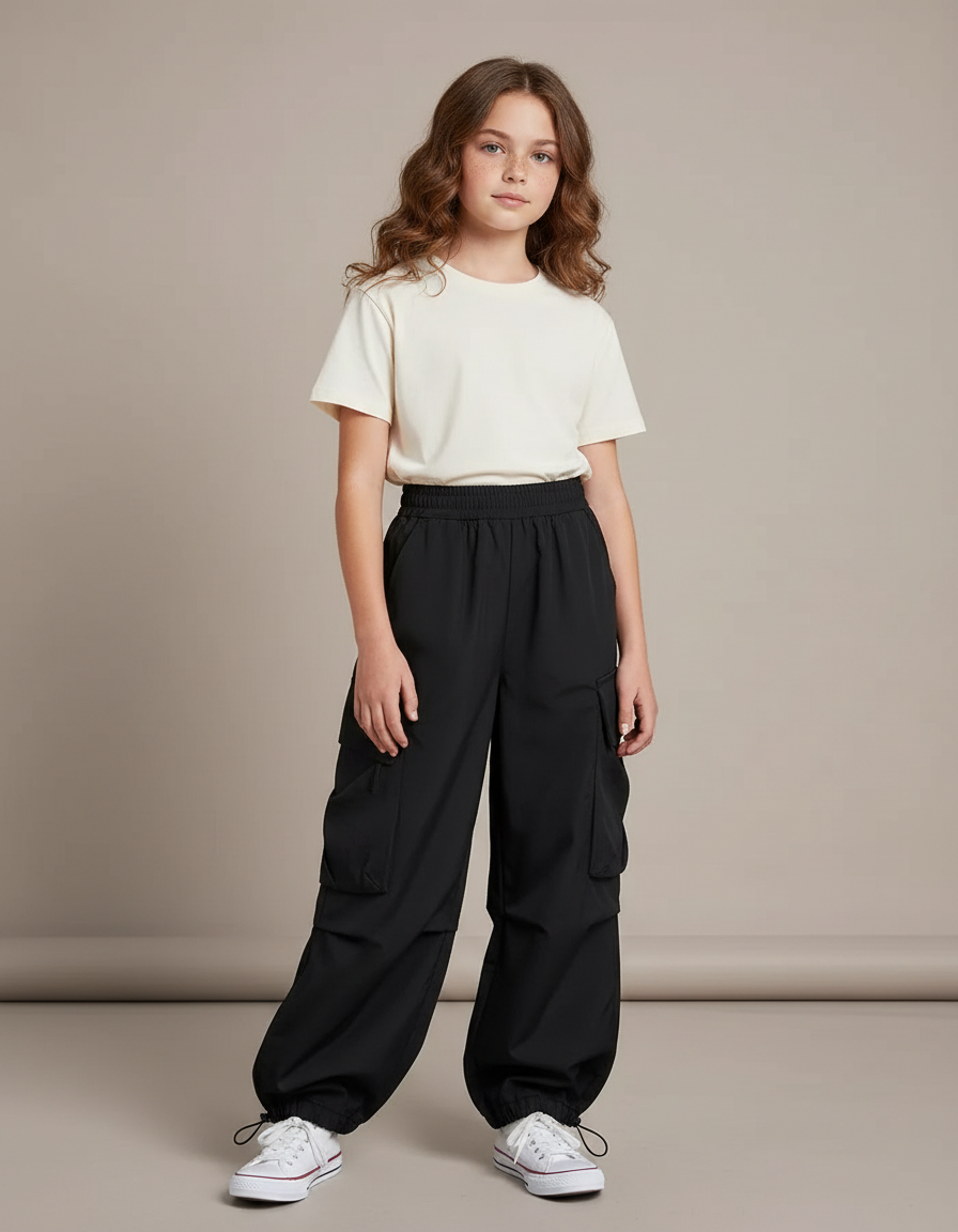 Pantalon Noir Cargo Ample Décontracté Enfant Fille - Polyester