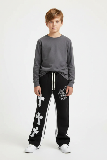 Pantalon Noir Évasé Imprimé Croix Streetwear Décontracté - Molleton