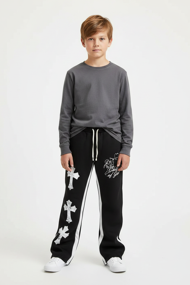 Pantalon Noir Évasé Imprimé Croix Streetwear Décontracté - Molleton