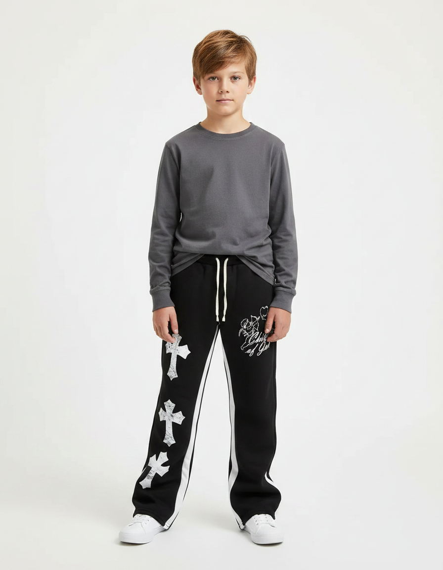 Pantalon Noir Évasé Imprimé Croix Streetwear Décontracté - Molleton