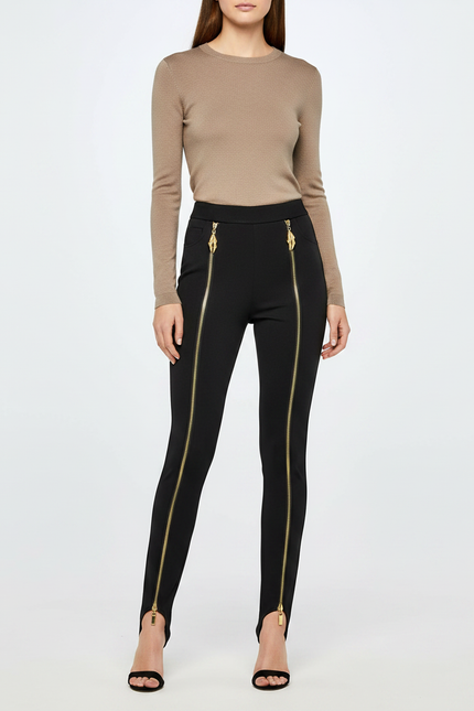 Pantalon Noir Moulant Fermetures Éclair Dorées Élégant - Polyester