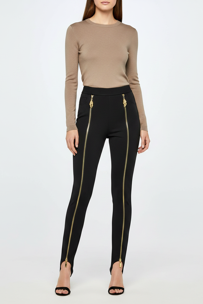 Pantalon Noir Moulant Fermetures Éclair Dorées Élégant - Polyester