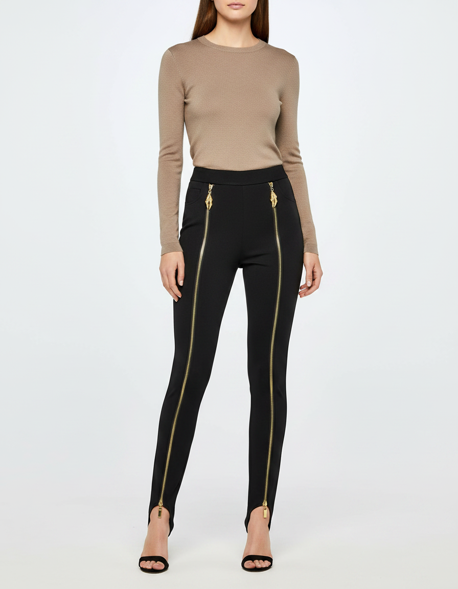 Pantalon Noir Moulant Fermetures Éclair Dorées Élégant - Polyester