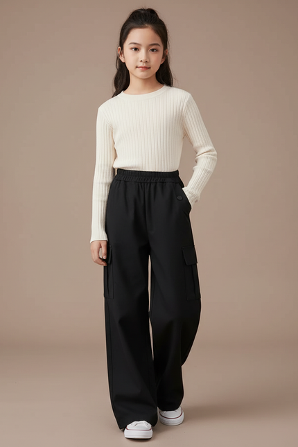 Pantalon Noir Cargo Ample Fille Hiver - Polyester