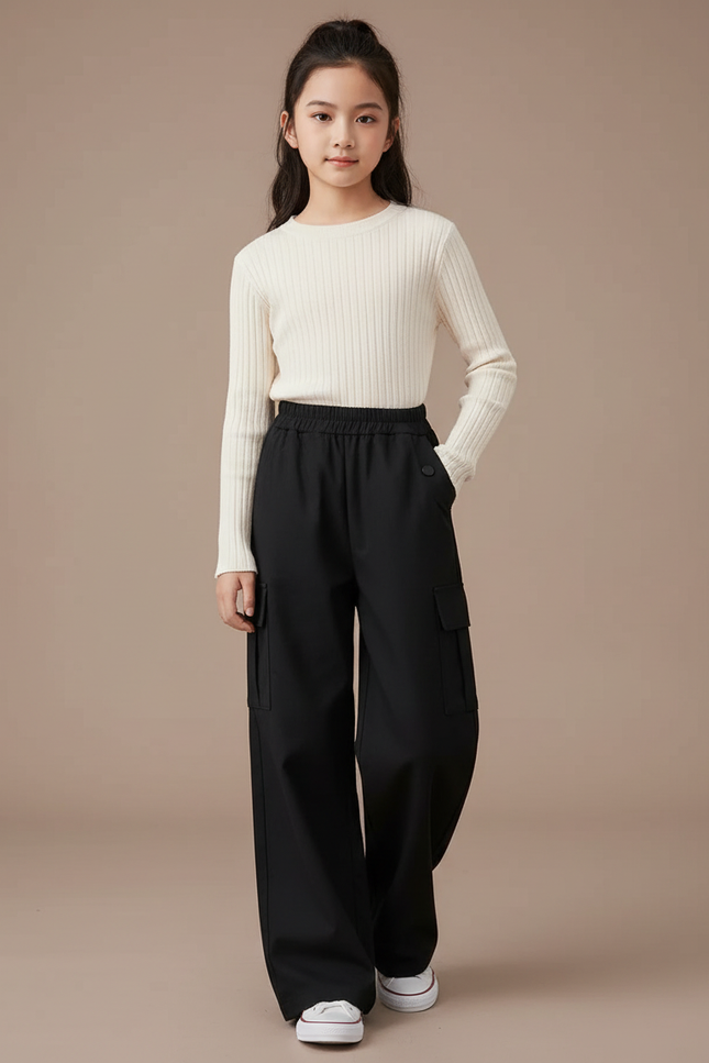 Pantalon Noir Cargo Ample Fille Hiver - Polyester
