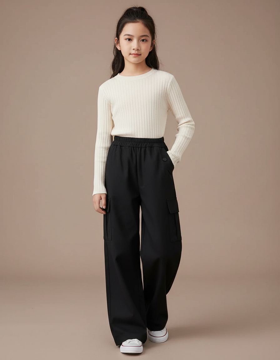 Pantalon Noir Cargo Ample Fille Hiver - Polyester