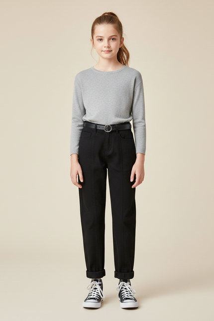 Pantalon Noir Droit Couture Apparente Fille Décontracté - Toile