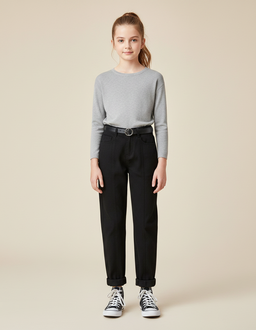 Pantalon Noir Droit Couture Apparente Fille Décontracté - Toile