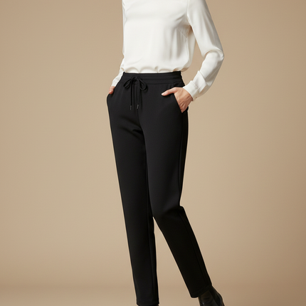 Pantalon Noir Fluide Cordon Décontracté Élégant Femme - Polyester