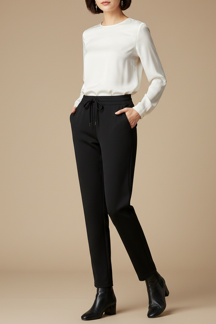Pantalon Noir Fluide Cordon Décontracté Élégant Femme - Polyester