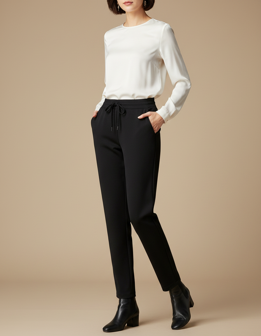 Pantalon Noir Fluide Cordon Décontracté Élégant Femme - Polyester
