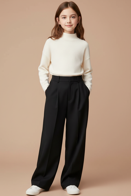 Pantalon Noir Ample Plissé Décontracté Fille - Gabardine