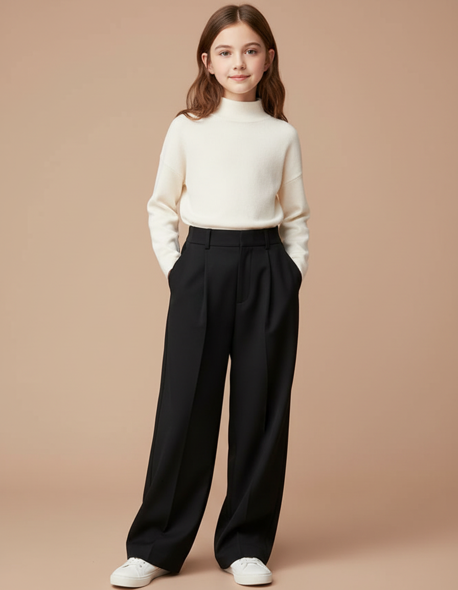 Pantalon Noir Ample Plissé Décontracté Fille - Gabardine