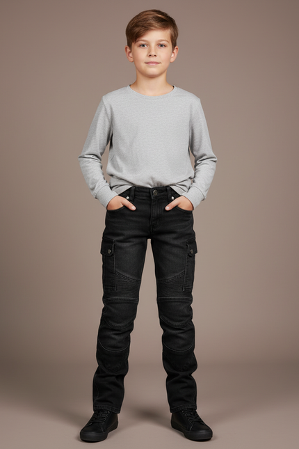 Pantalon Noir Cargo Enfant Moto Décontracté Confortable - Jean