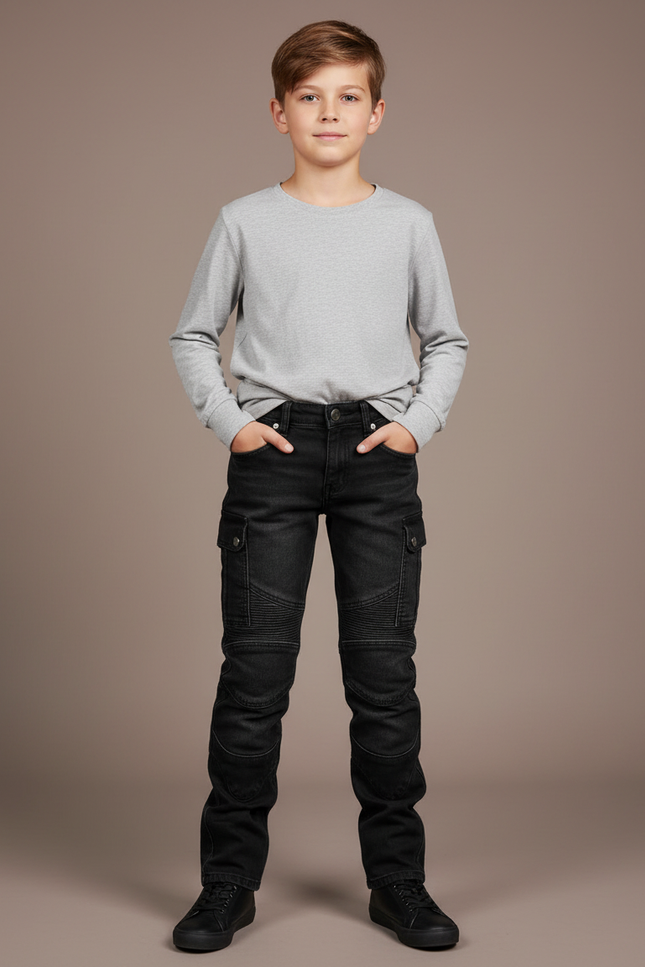 Pantalon Noir Cargo Enfant Moto Décontracté Confortable - Jean