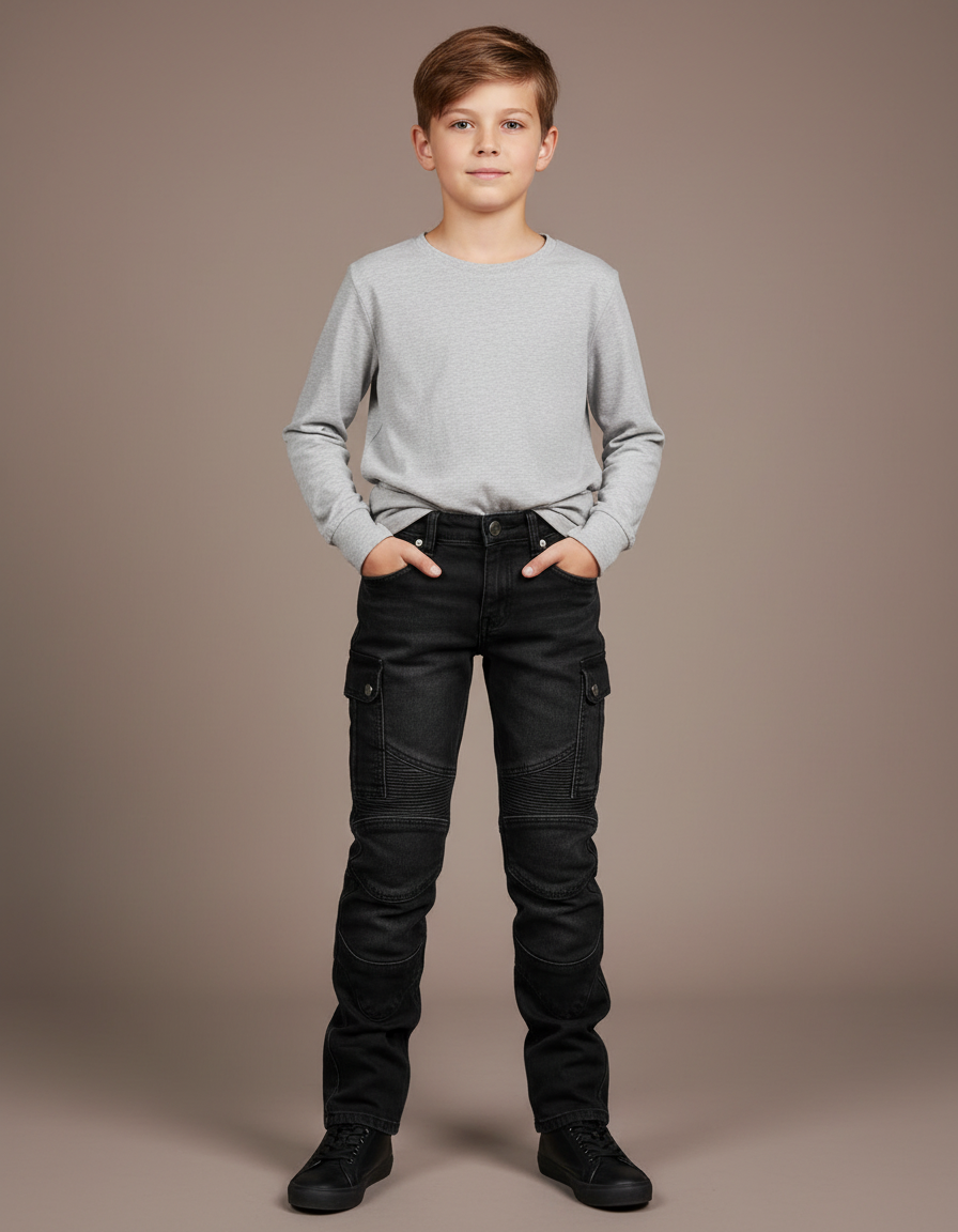 Pantalon Noir Cargo Enfant Moto Décontracté Confortable - Jean