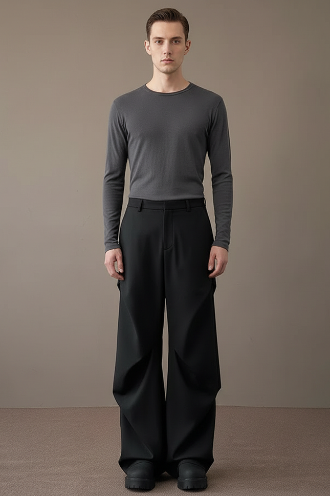 Pantalon Noir Ample Plissé Droit Homme Élégant - Gabardine
