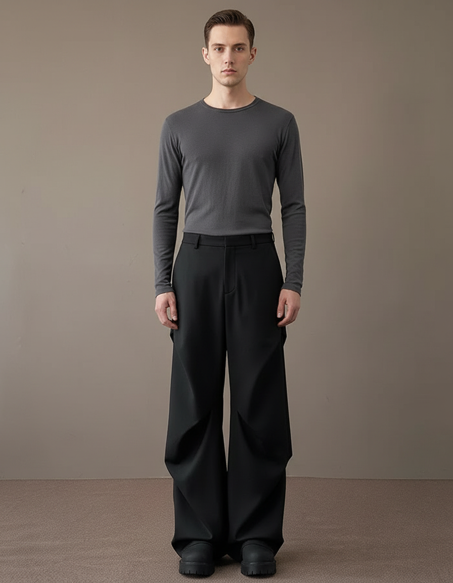 Pantalon Noir Ample Plissé Droit Homme Élégant - Gabardine