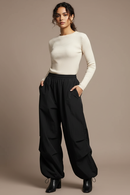 Pantalon Noir Large Sport Cargo Femme - Polyester