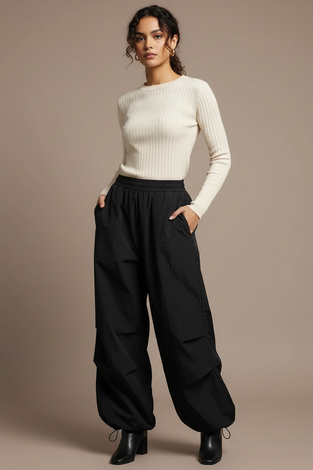 Pantalon Noir Large Sport Cargo Femme - Polyester