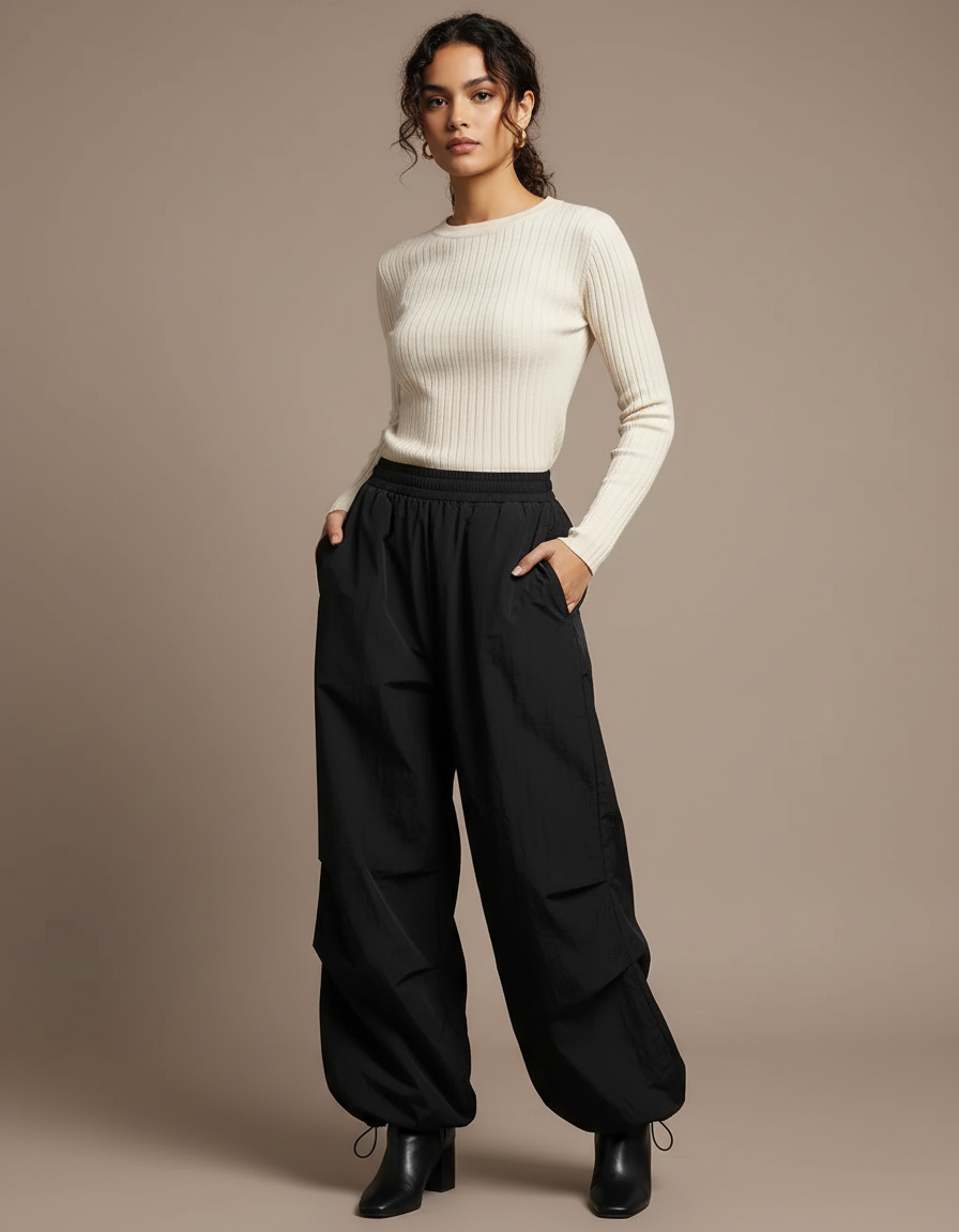 Pantalon Noir Large Sport Cargo Femme - Polyester