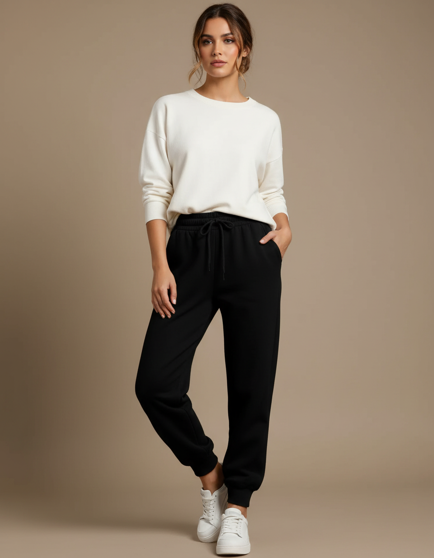 Pantalon Noir Molletonné Confortable Sport Décontracté Femme