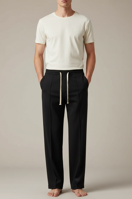Pantalon Noir Homme Droit Décontracté Cordon Sport - Polyester