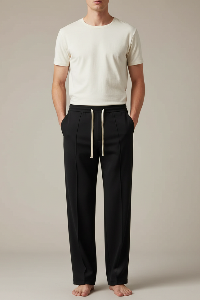 Pantalon Noir Homme Droit Décontracté Cordon Sport - Polyester