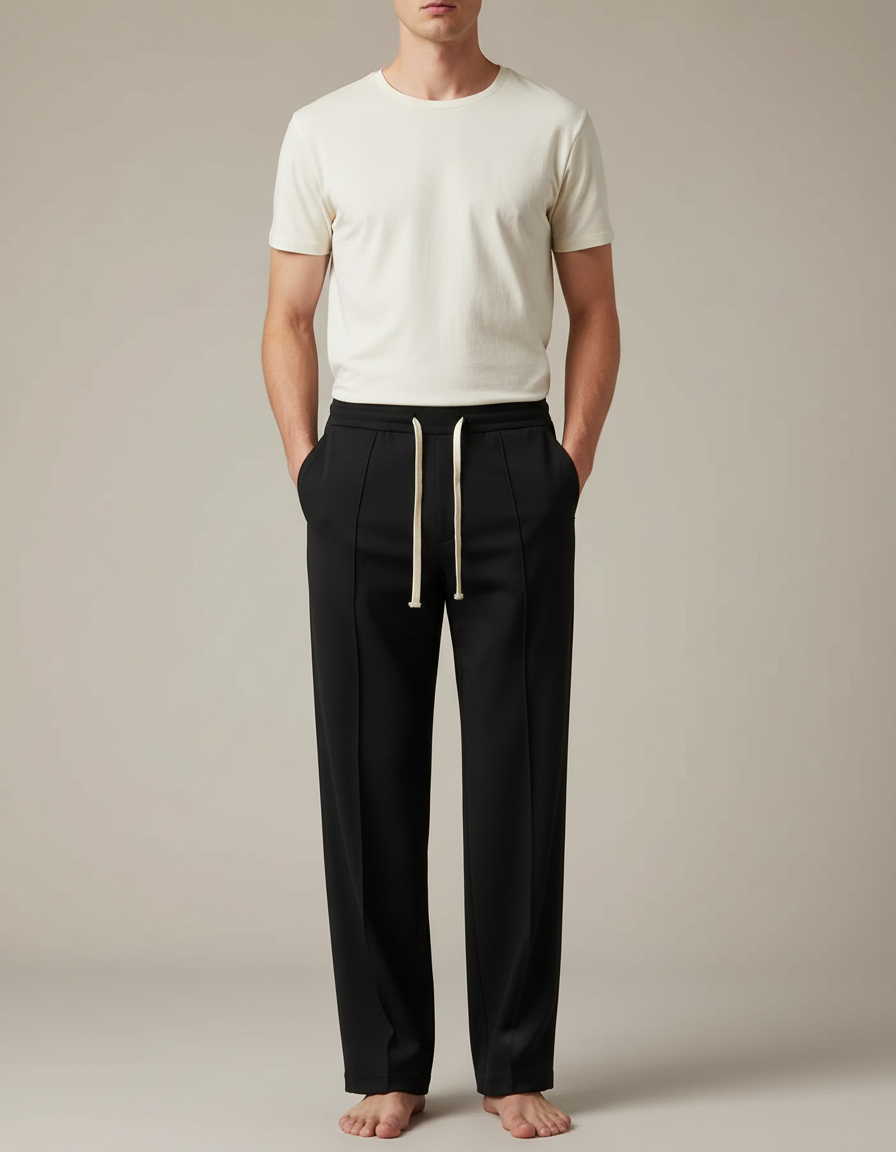 Pantalon Noir Homme Droit Décontracté Cordon Sport - Polyester