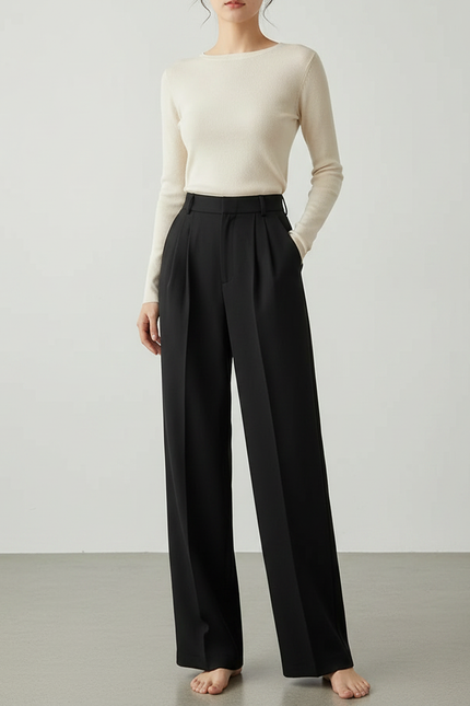 Pantalon Noir Plissé Ample Taille Haute Élégant - Polyester