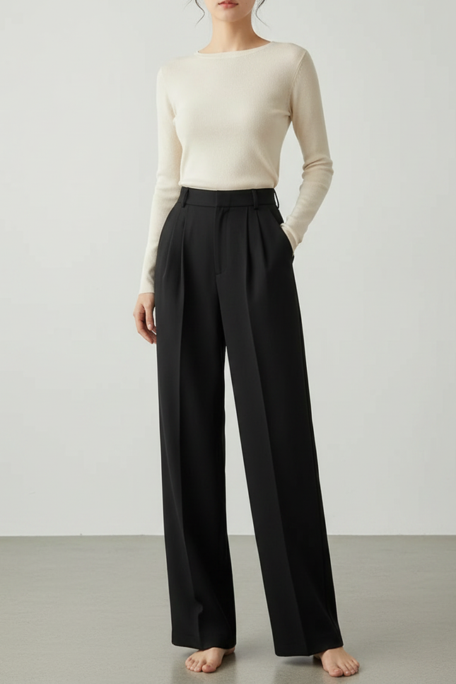 Pantalon Noir Plissé Ample Taille Haute Élégant - Polyester