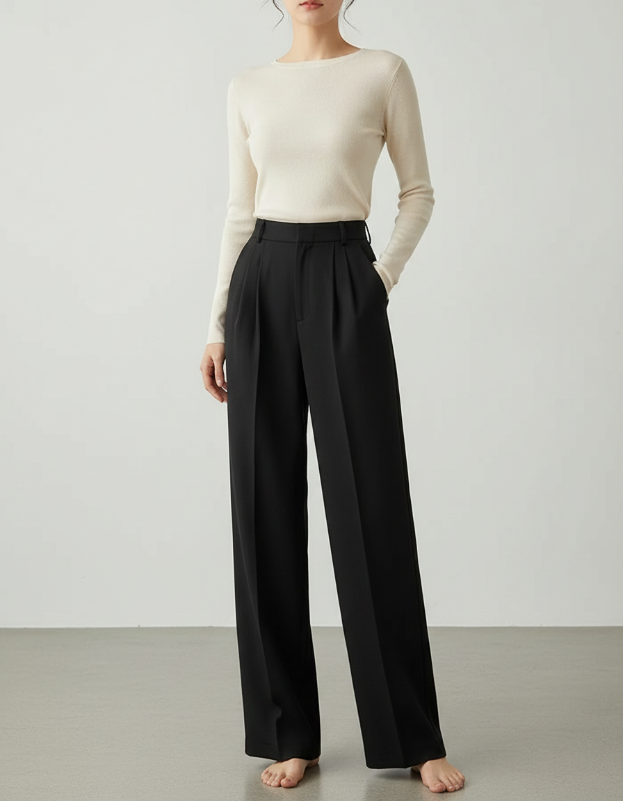 Pantalon Noir Plissé Ample Taille Haute Élégant - Polyester