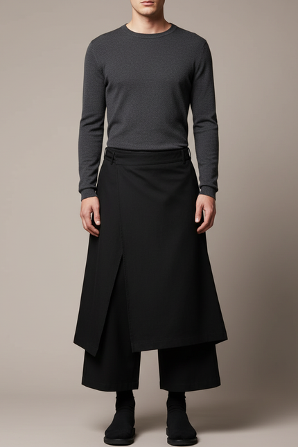 Pantalon Noir Jupe-culotte Superposée Ample Décontracté Homme - Polyester