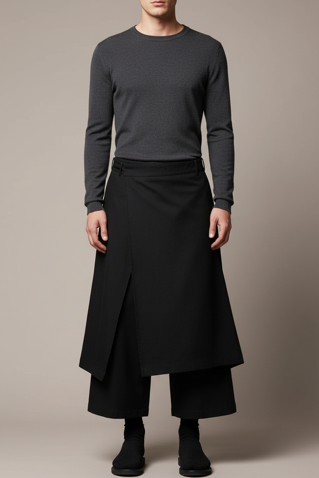 Pantalon Noir Jupe-culotte Superposée Ample Décontracté Homme - Polyester